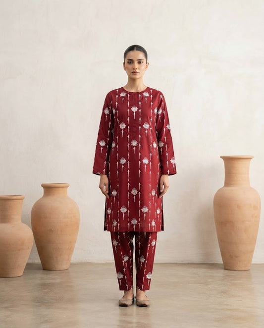 Winter Dynasty Printed 2Pc Cotton – Maroon White Floral