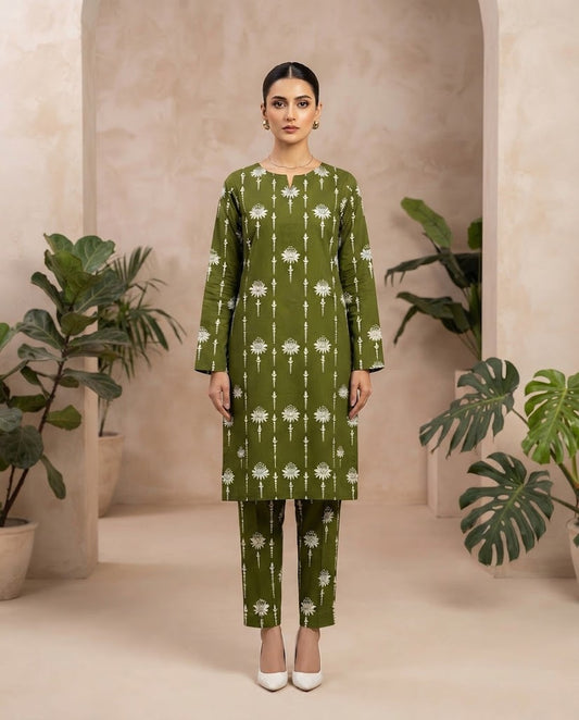 Winter Dynasty Printed 2Pc Cotton – Olive White Floral