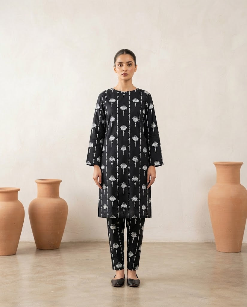 Winter Dynasty Printed 2Pc Cotton – Black White Floral