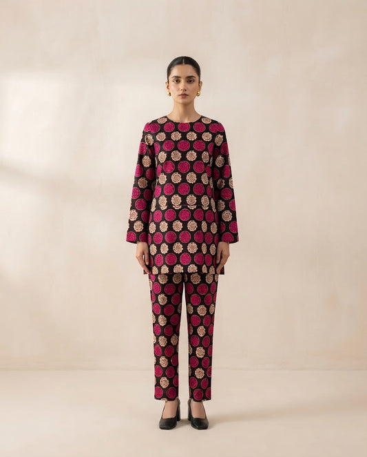 Winter Dynasty Printed 2Pc Cotton – Black Magenta Circles