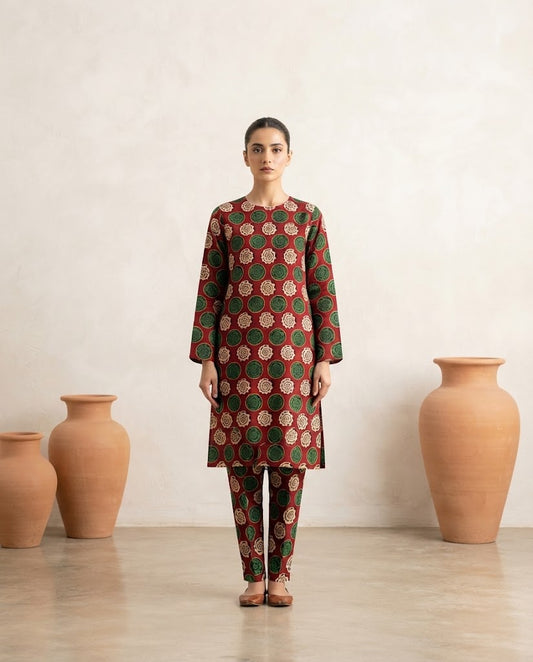 Winter Dynasty Printed 2Pc Cotton – Maroon Green Circles
