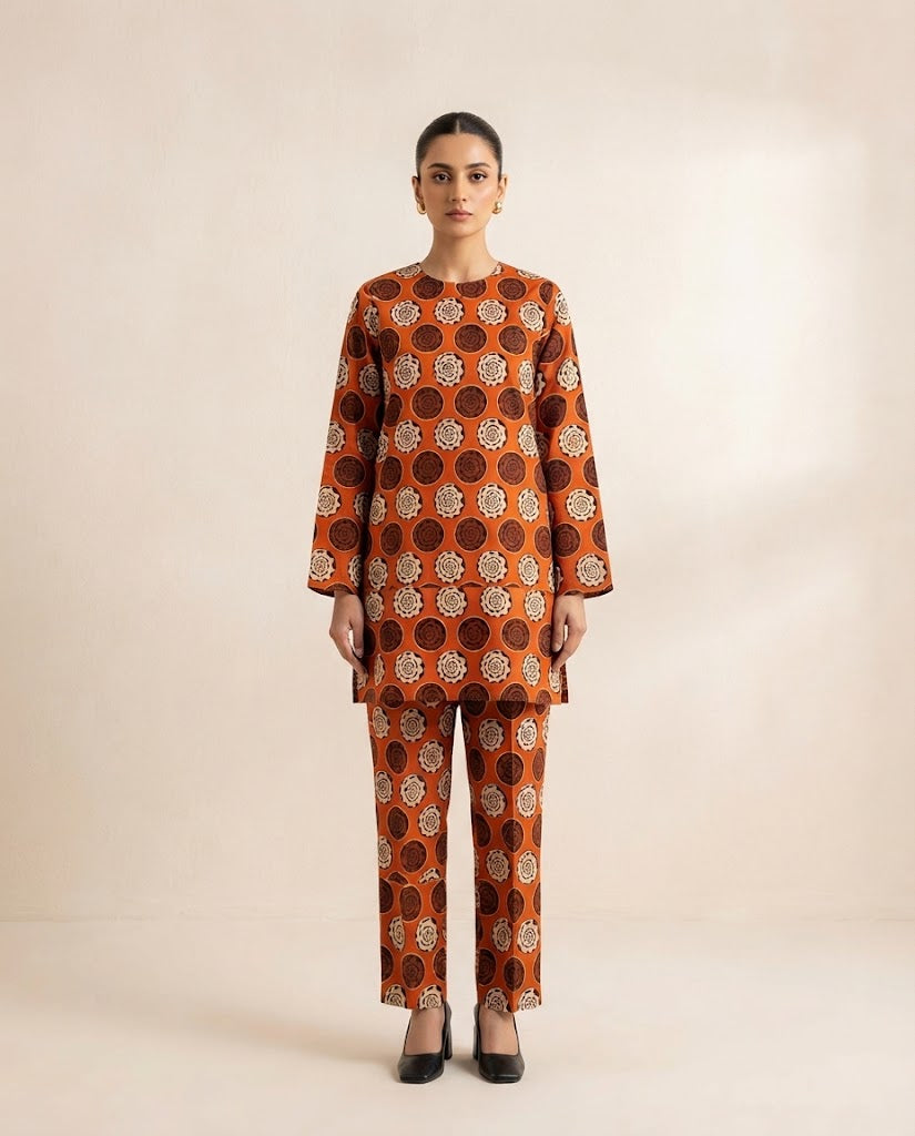 Winter Dynasty Printed 2Pc Cotton – Rust Circular Motifs