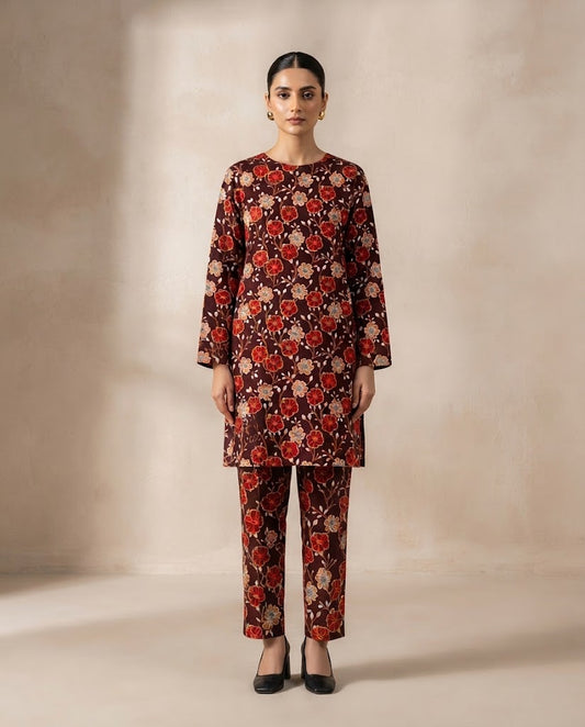 Winter Dynasty Printed 2Pc Cotton – Maroon Red Floral