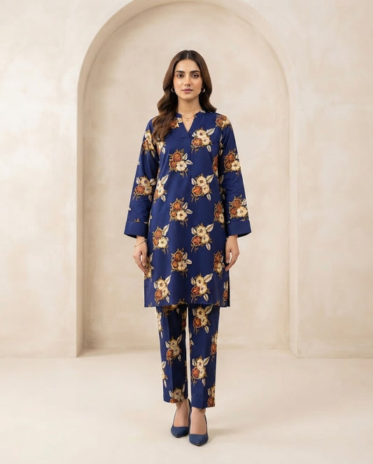 Winter Dynasty Printed 2Pc Cotton – Navy Gold Floral