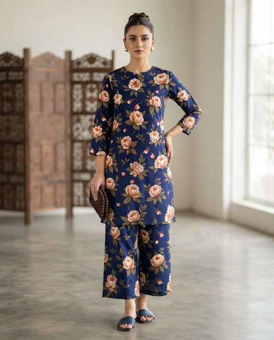Winter Dynasty Printed 2Pc Cotton – Navy Peach Floral