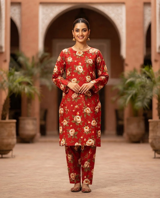 Winter Dynasty Printed 2Pc Cotton – Red Beige Floral