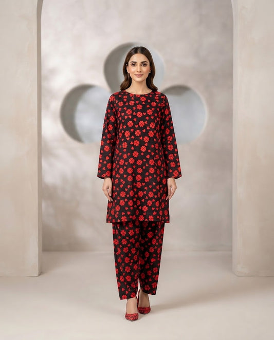 Winter Dynasty Printed 2Pc Cotton – Black Red Clover