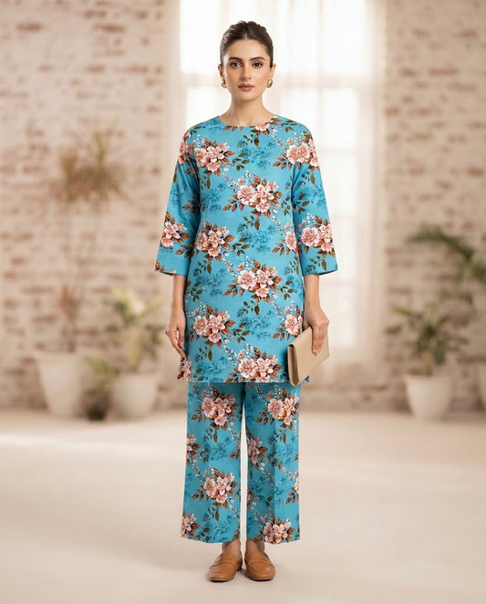 Winter Dynasty Printed 2Pc Cotton – Sky Blue Floral