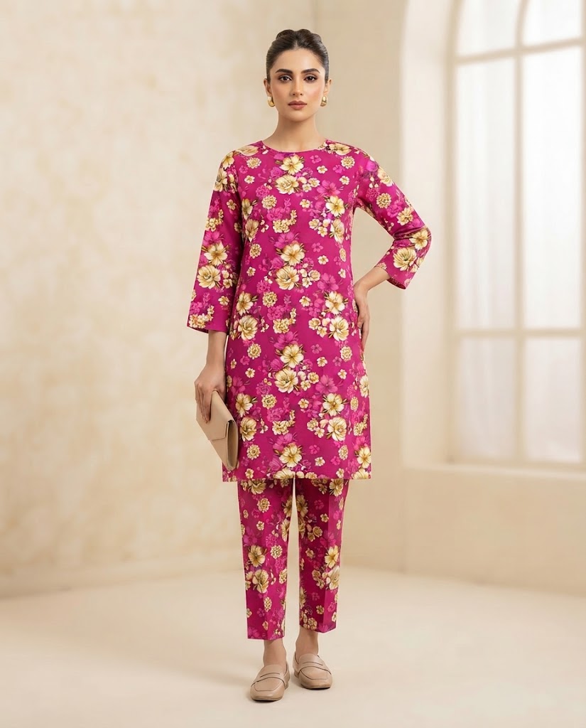 Winter Dynasty Printed 2Pc Cotton – Magenta Yellow Floral