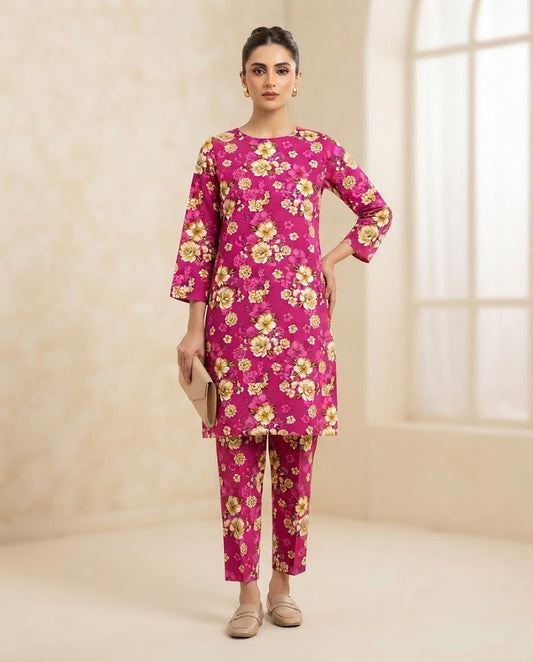Winter Dynasty Printed 2Pc Cotton – Magenta Yellow Floral
