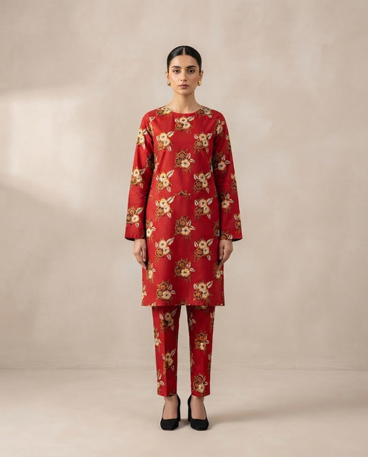 Winter Dynasty Printed 2Pc Cotton – Red Gold Floral
