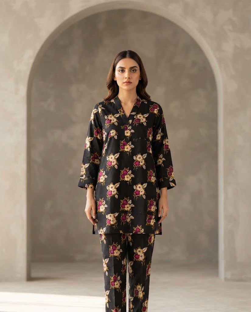 Winter Dynasty Printed 2Pc Cotton – Black Floral Pink