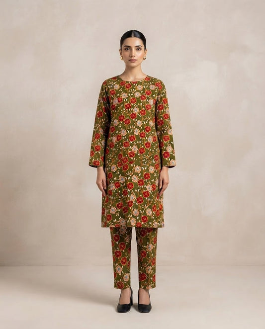 Winter Dynasty Printed 2Pc Cotton – Olive Red Floral
