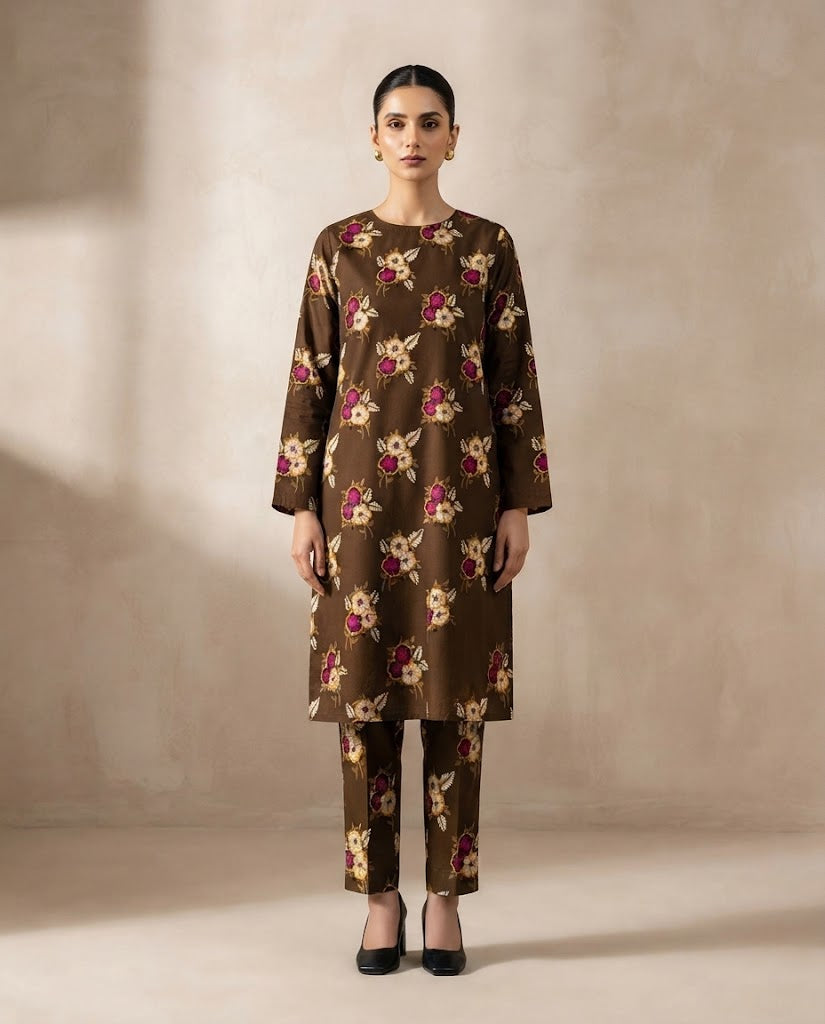 Winter Dynasty Printed 2Pc Cotton – Brown Floral Pink